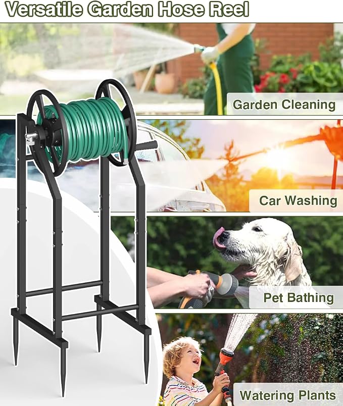 4-Spike Garden Hose Reel with 3.9ft Leader Hose & Stainless Fitting, Outdoor Hose Holder holds 125ft Hose of 5/8", Freestanding Metal Hose Stand for Outside Yard Lawn, Black