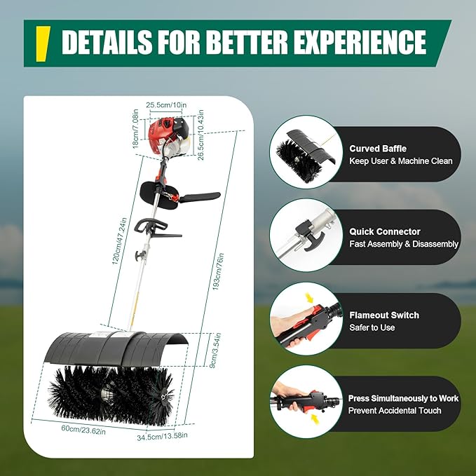52cc Gas Power Broom 2-Stroke Power Broom Sweeper 2.3HP Walk Behind Sweeper Outdoor Hand Push Sweeper Snow Broom Driveway Cleaning Tools