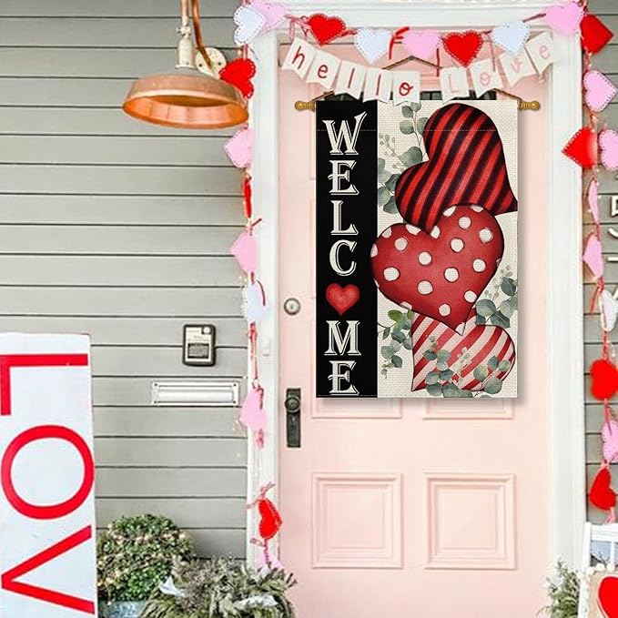 AVOIN colorlife Valentines Day Welcome House Flag 28x40 Inch Outside Double Sided, Anniversary Love Heart Rustic Yard Outdoor Decoration