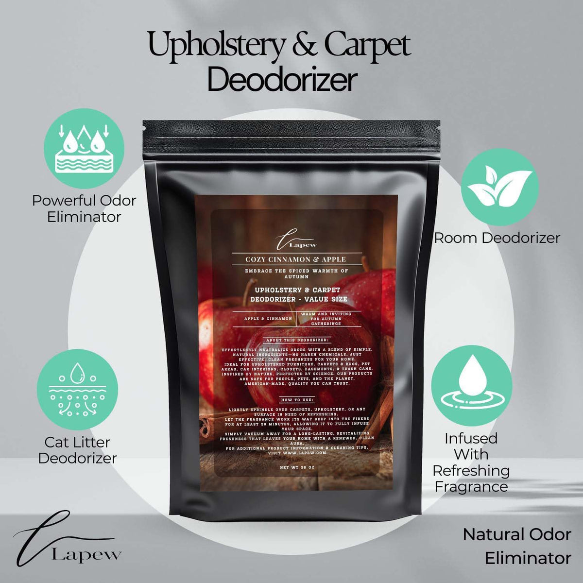 Cozy Cinnamon & Apple Carpet Freshener Powder Refill 36 oz | Powerful Odor Eliminator for Home | Upholstery Deodorizer | Carpet Deodorizer | Pet Urine | Cat Litter Box