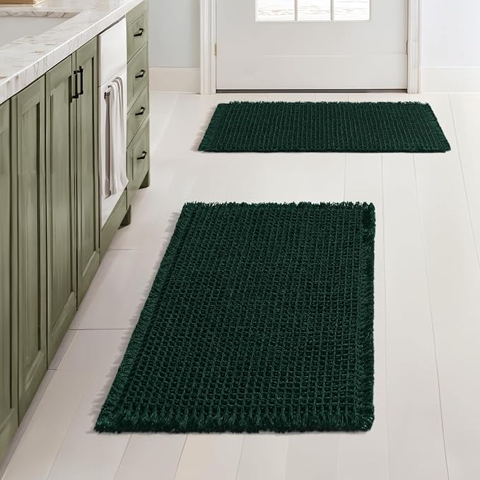 MIULEE Dark Green Set of 2 Waffle Bathroom Rugs, Boho Bath Rugs Non Slip Washable, Super Absorbent Bath Mats, Ultra Soft Rubber Backed Shower Mats for Bathroom Floor, Tub, 17x24 Inch