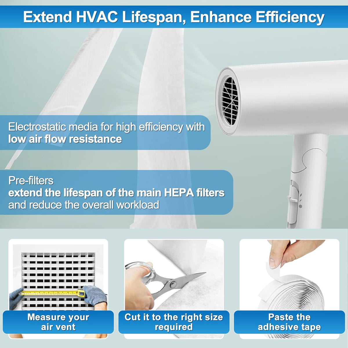 UCINNOVATE 2 Pack Air Vent Filters Kit, 39"x90" AC Vent Filter with 125" Installation Tape, MERV 13 Electrostatic Filter Media Cut to Size for Fan Floor Home Register,49.5Ft²