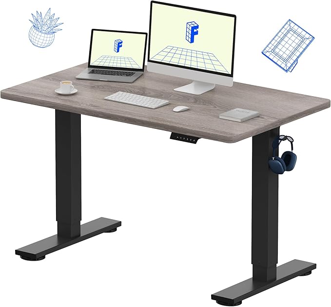 FLEXISPOT EN1 One-Piece Standing Desk with 1-Inch Thick Desktop, 48"x30" Electric Height Adjustable Desk for Home Office & Multi-Device Workstations, Gray Wood