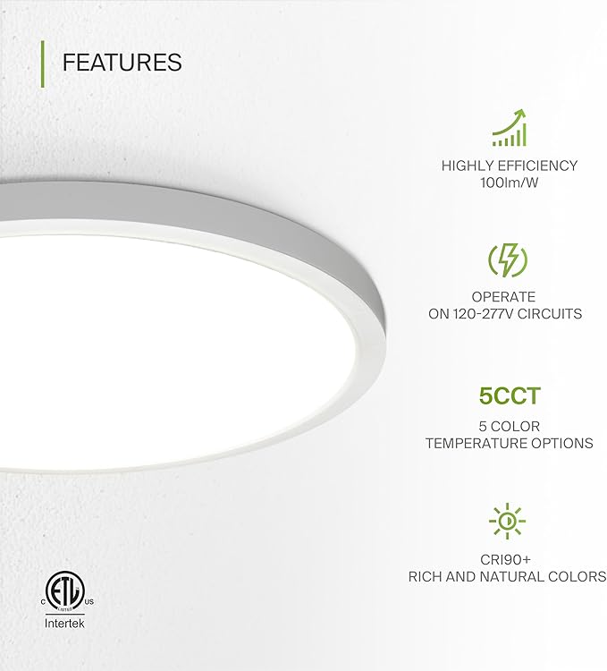 ASD LED 24" Round Flush Mount Ceiling Light Fixture, Low Profile Surface Lighting | 5CCT, Dimmable, Ultra-Thin, ETL Listed | 38W 2700LM 2700-6000K 100-277V | Kitchen, Bedroom, Hallway Lamp | White