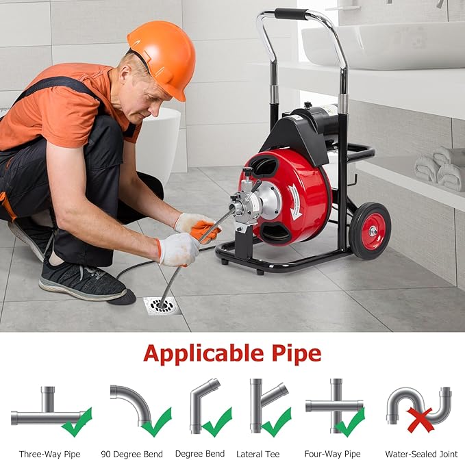 Garvee K-300ZF 3/8 in 100 ft 1 Red & Black Electric Drain Cleaner Machine - Automatic Auger for 1 to 4 in Pipes, Portable Design, 4 Cutters, Foot Switch Control, and Includes Gloves.