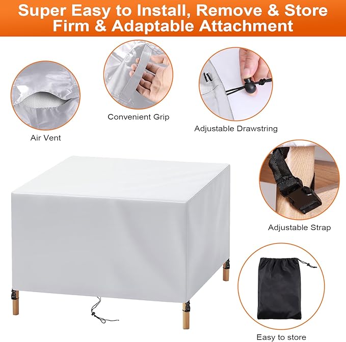 Patio Furniture Cover Rectangle 68"(L) x 48"(W) x 32"(H), Custom Heavy Duty 420D Waterproof Outdoor Cover with Drawstring & Buckles for Table Chair Garden, Silver