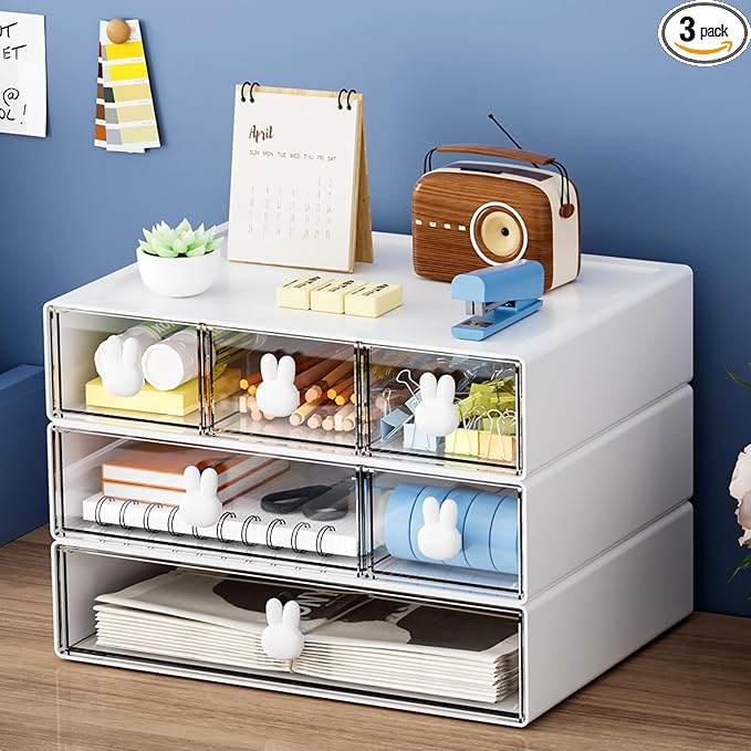 Marbrasse Desk Organizer with 6 Drawers, 3 Tier Stackable Storage Drawers Plastic Makeup Storage, Office Organizers and Storage, Desk Storage Box for Office, School, Home