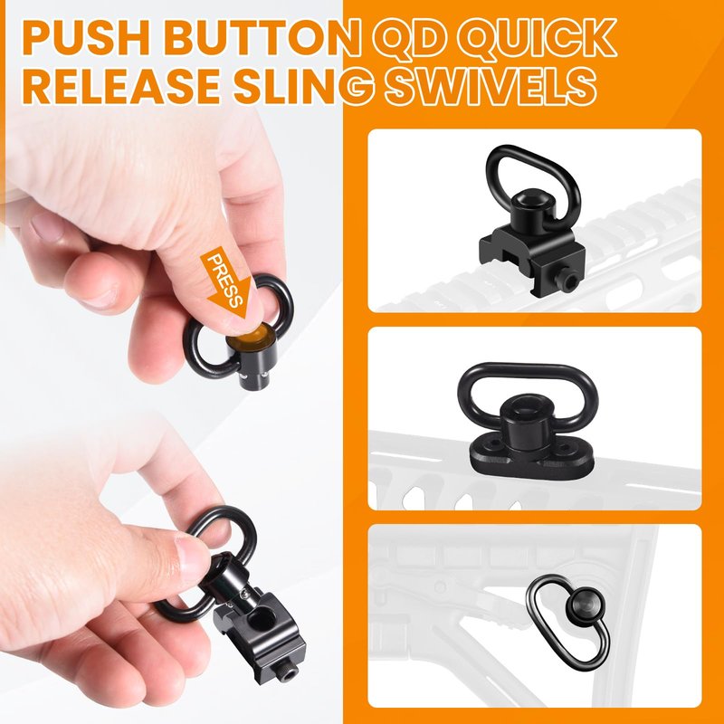 PUKESI 4 Pcs QD Sling Swivels, 1.25" or 1" Push Button Quick Detach D-Loop Triangle Loop Set for Two Point Traditional QD Sling Swivel Mounts (4 Pack 1.25" QD Swivels)