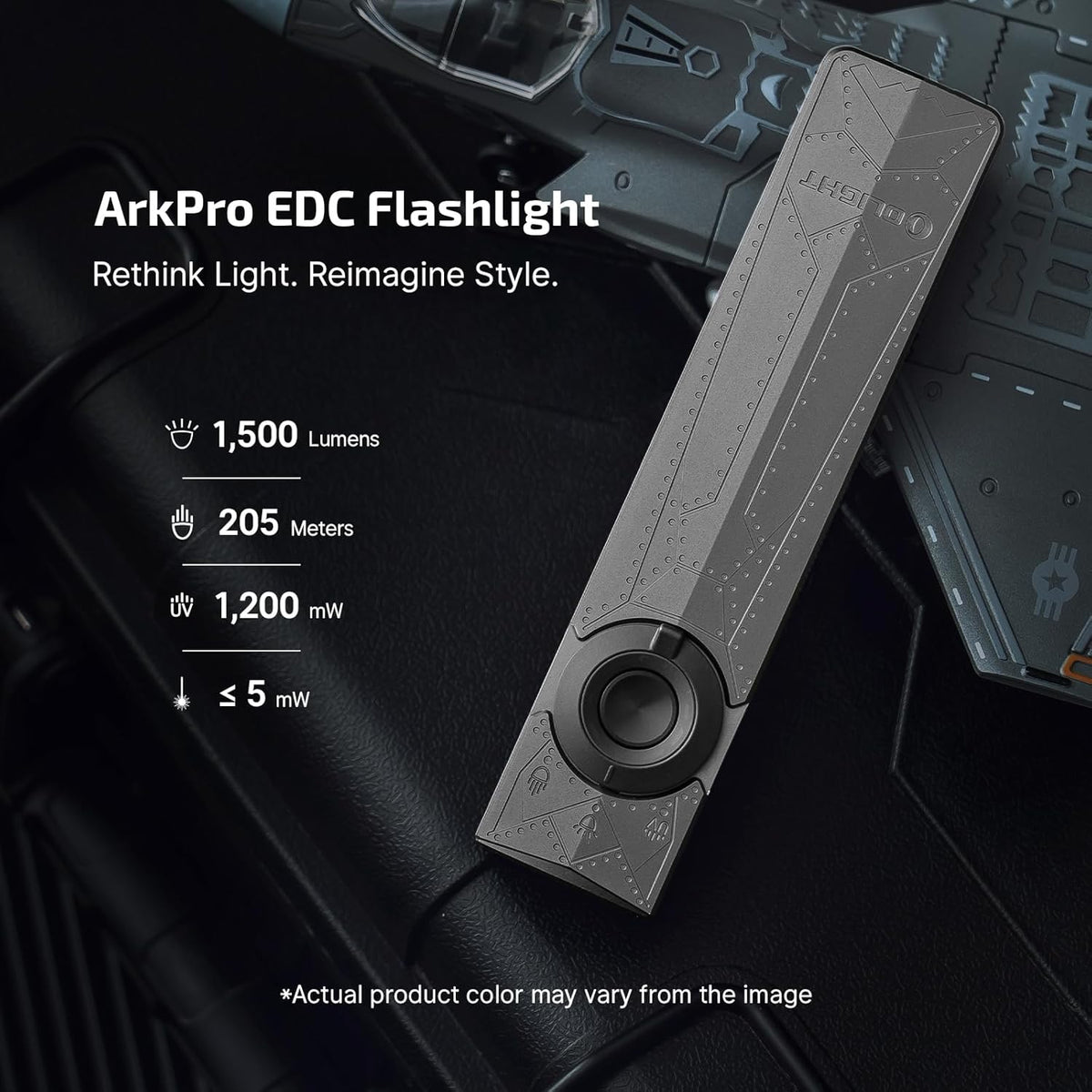 OLIGHT ArkPro EDC Flashlight - Rechargeable 1500 Lumens with Green Beam, UV & White LED | Compact Pocket Design for Outdoor Use
