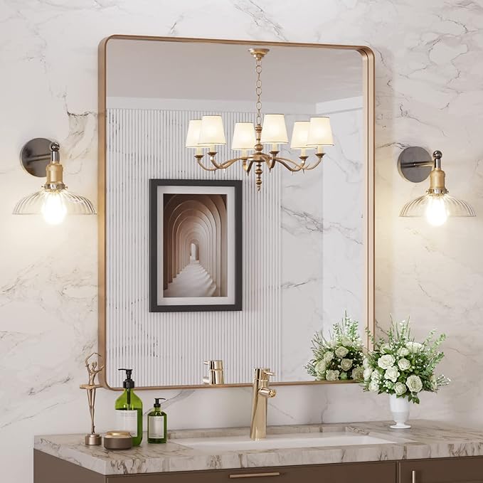 LOAAO 30”X36” Gold Bathroom Mirror, Rounded Rectangle Gold Frame Mirror
