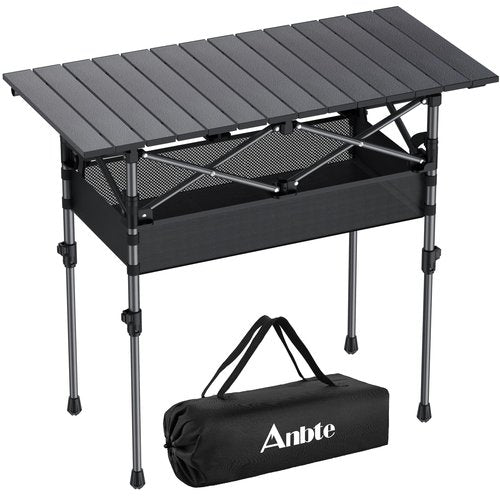 Anbte Folding Camping Table, Aluminum Roll Up Camping Table Adjustable Height with Storage Net and Bag, Lightweight Outdoor Table 32.2” X 16”, for Outdoor Travel BBQ Party Picnic, Black