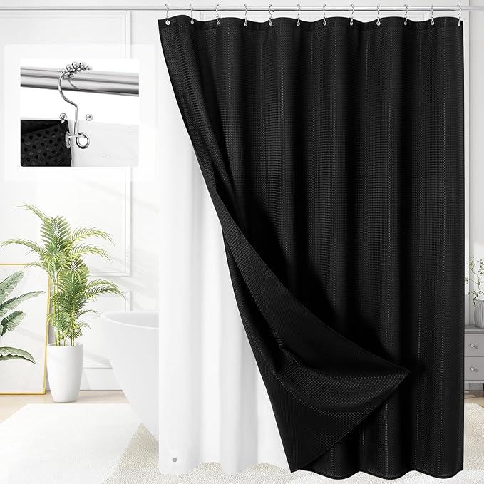 3 in 1 Extra Long Shower Curtain Set-72 W x 84 H, Black Waffle and PEVA Liner Set with 12 Stainless Steel Hooks, Waterproof Fabric for Bathroom
