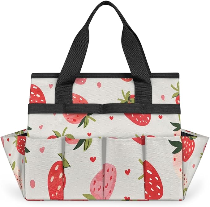 Strawberries Gardening Tool Bag,Heavy Duty Garden Tote Bag,Portable Oxford Gardening Storage Basket Organizer Handbag with Pockets Handle,Hand Tools Gifts for Outdoor Garden Lawn Yard