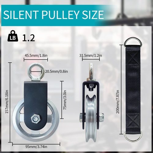 Exercise Equipment Cable Pulley with Hanging Strap and Carabiner, 3.74in/95mm Silent Rotation 360 Degree Pulley for Home Gym Pulley System Workout Equipment DIY Cable Pulley Lat Pulldown Attachments