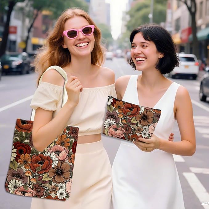 Flower Plant Lover Gifts for Women Canvas Tote Bag with Makeup Bag Cosmetic Bags Grocery Bags for Shopping Christmas