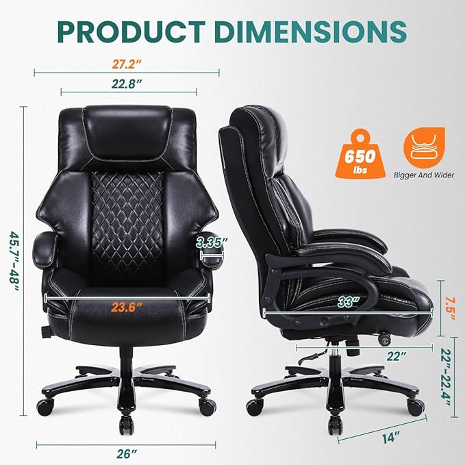 BOSMILLER 650lbs Large Big and Tall Office Chair for Heavy People with Adjustment Lumbar Support, Comfy Padded Heavy Duty Leather Executive Office Chair with Quiet Rubber for Adults 8 Hours Daliy Work