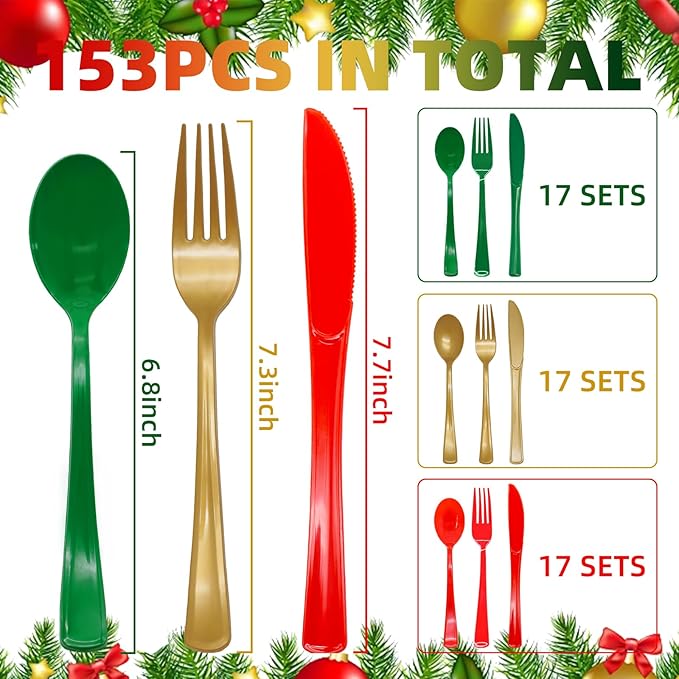 153 Pcs Christmas Plastic Silverware Heavy Duty Disposable Tableware Sets Includes Spoons Forks Knives for Christmas Party Supplies (Red Green Gold)