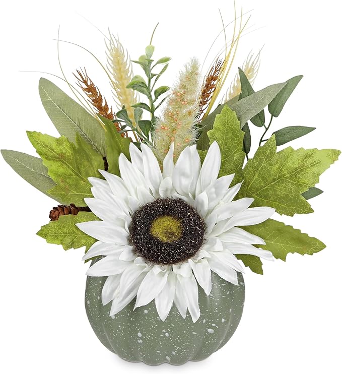 Artificial Pumpkin Floral Arrangement with White Sunflowers & Autumn Leaves – Fall Table Centerpiece for Thanksgiving, Halloween & Harvest Décor – Rustic Farmhouse Pumpkin Autumn Décor