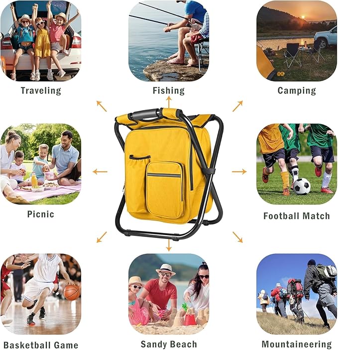 Kikerike Backpack Stool Cooler Chair Heavy Duty 300 LBS Max Load Portable Lightweight Stool Backpack Folding Fishing Cooler Seat for Camping Hunting Fishing - Yellow