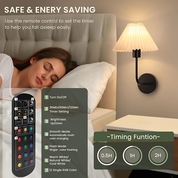 Rechargeable Battery Operated Wall Sconces Sets of 2, 15 Colors Wireless Wall