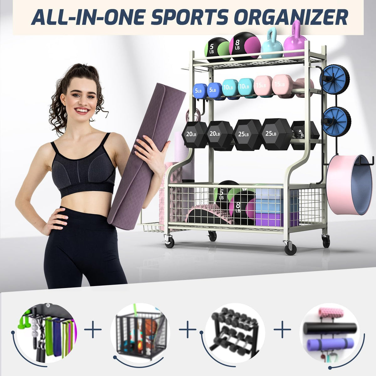 PLKOW Dumbbell Rack - All-In-One Home Gym Storage for Dumbbells, Kettlebells & Yoga Mats - Durable Steel with Wheels