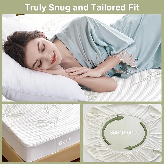 California King Mattress Protector Waterproof Mattress Pad Washable Bamboo Rayon Mattress Cover Breathable Noiseless Bed Protector 5" - 21'' Elastic Fitted Deep Pocket