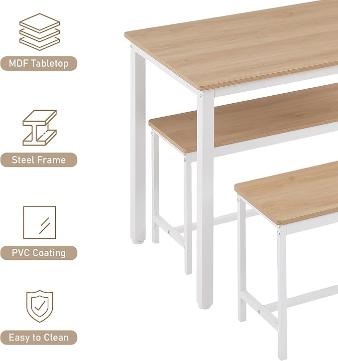 Dining Table Set for 4, Kitchen Room Table Set with 2 Benches, 3-Piece Dining Chairs Set for Breakfast Nook, Original