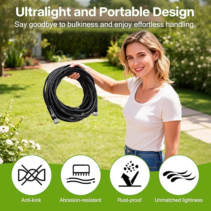 Garden Hose 25 ft x 5/8 in, Ultra-Light, All-Weather Water Hose, Leak-Free Connections,High Pressure Abrasion-Resistant Eco-Friendly, Black