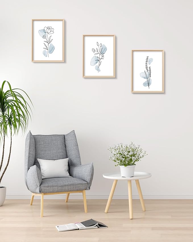 HesenDot Framed Blue Floral Canvas Wall Art, Minimalist Botanical Wall Art Decor