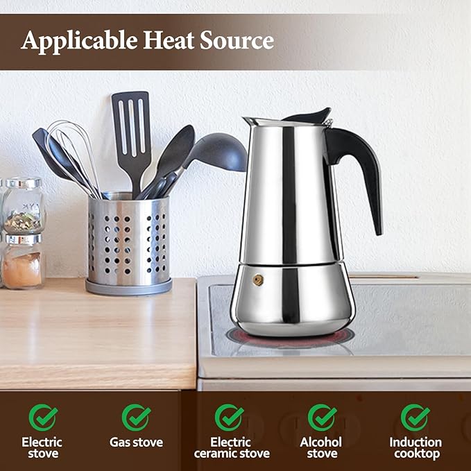 4 Cup Moka Pot Percolator Italian Coffee Maker 200ml Stovetop Espresso Mocha Stainless Steel Greca Coffee Maker Classic Cafe Makers Suitable for Induction Cookers Ceramic Stoves Tummy