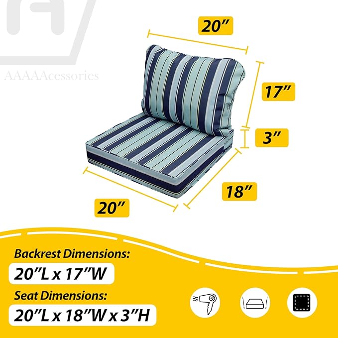 AAAAAcessories Outdoor Seat Cushions for Chairs, Fade-Resistant, Waterproof Patio Furniture Replacement Cushions, 20" x 18" x 3" + 20" x 17", Ash Teal Seaside Stripe