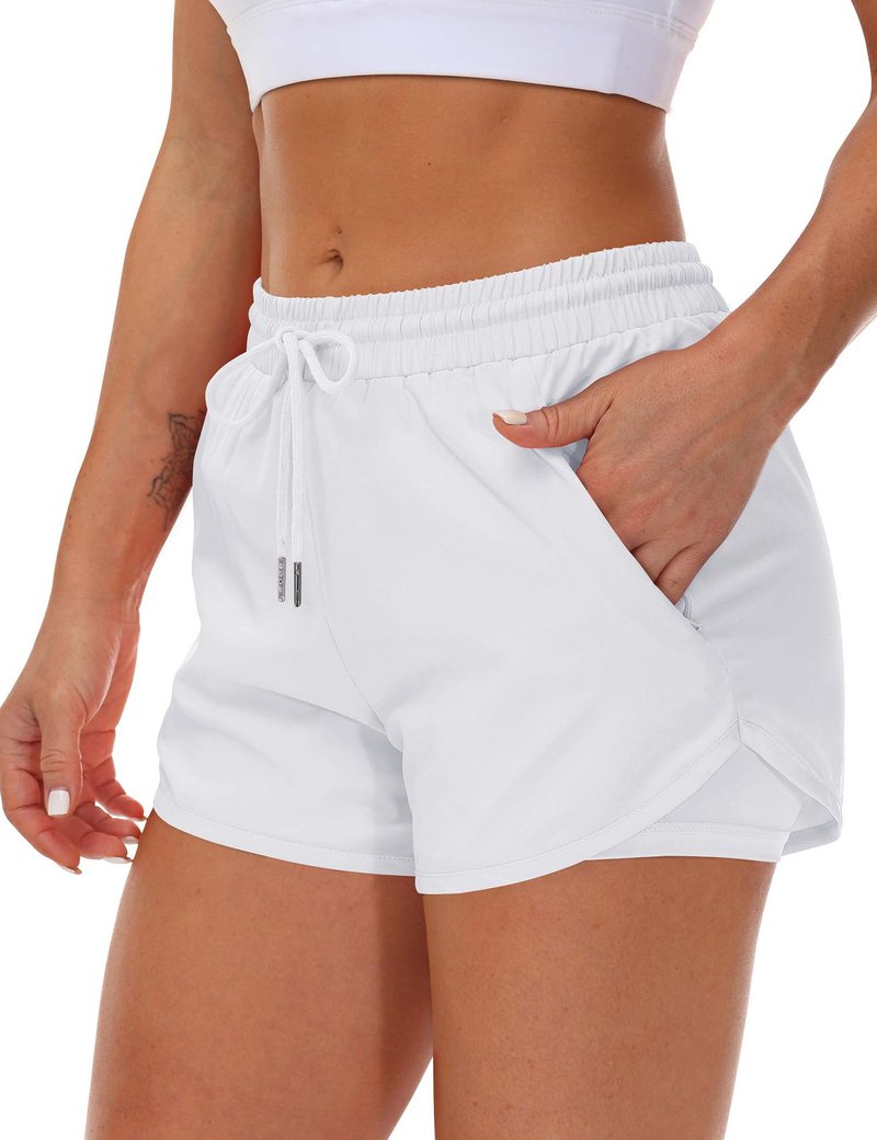 Mancreda Women's Running Shorts with Liner 3 Zipper Pockets Elastic Workout Athletic Gym Yoga Shorts(WH,XXL) White