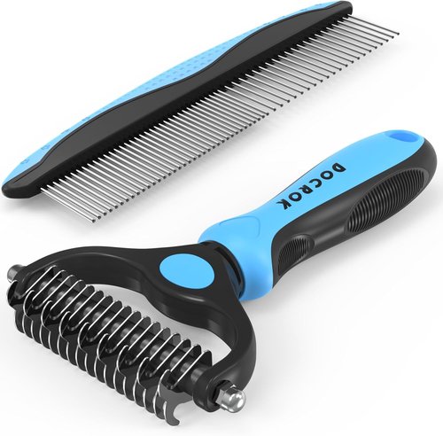 Docrok Pet Grooming Combo - Blue Deshedding Brush & Metal Comb for Long, Matted Fur Care