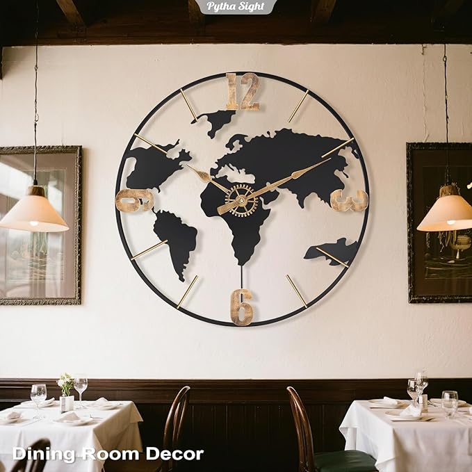 Pytha Sight 24 Inch Large Wall Clock, Modern Decorative Big World Map