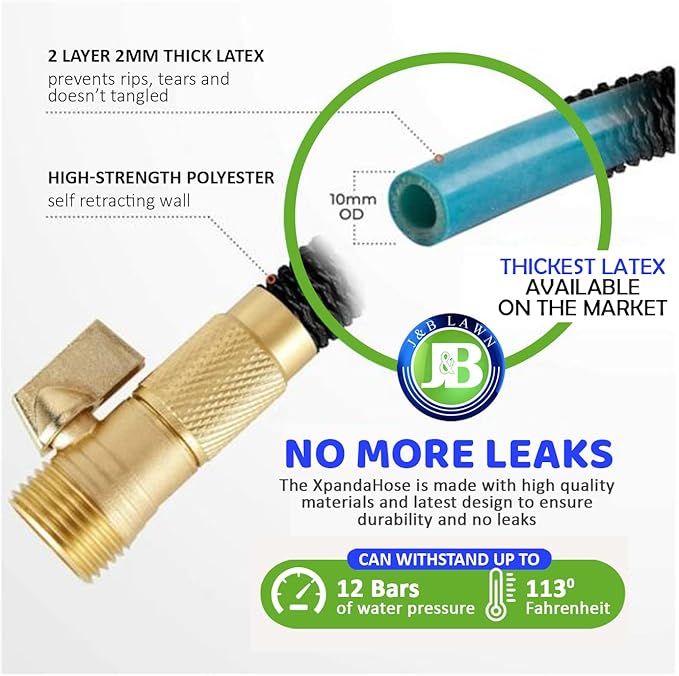 J&B XpandaHose 100ft Expandable Garden Hose - Heavy Duty Superior Strength 3750D - 4 -Layer Latex Core - Extra Strong Brass Connectors and Storage Bag (Black 100)