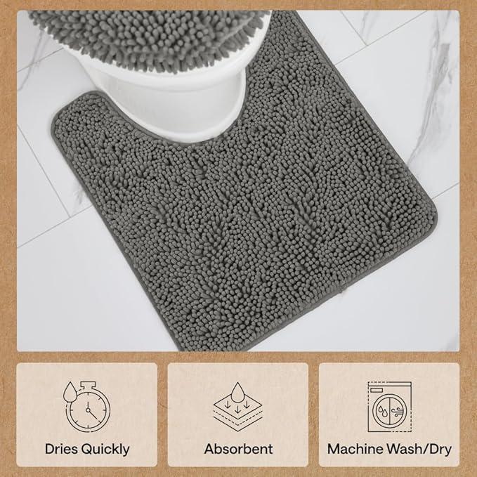 GORILLA GRIP Plush Absorbent Shaggy Chenille Bath Rug Mat for Oval Toilet Base with Rubber Backing, Machine Washable Rugs, Soft Microfiber Contour Mats for Toilets, Bathroom Decor, Charcoal