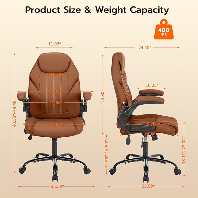 Office Desk Chair, Ergonomic Computer Chair with Padded Flip-Up Arms and Adjustable Lumbar Support, PU Leather Executive Chair with Tilt Lock and 360° Swivel Rolling Wheels for Work, Study