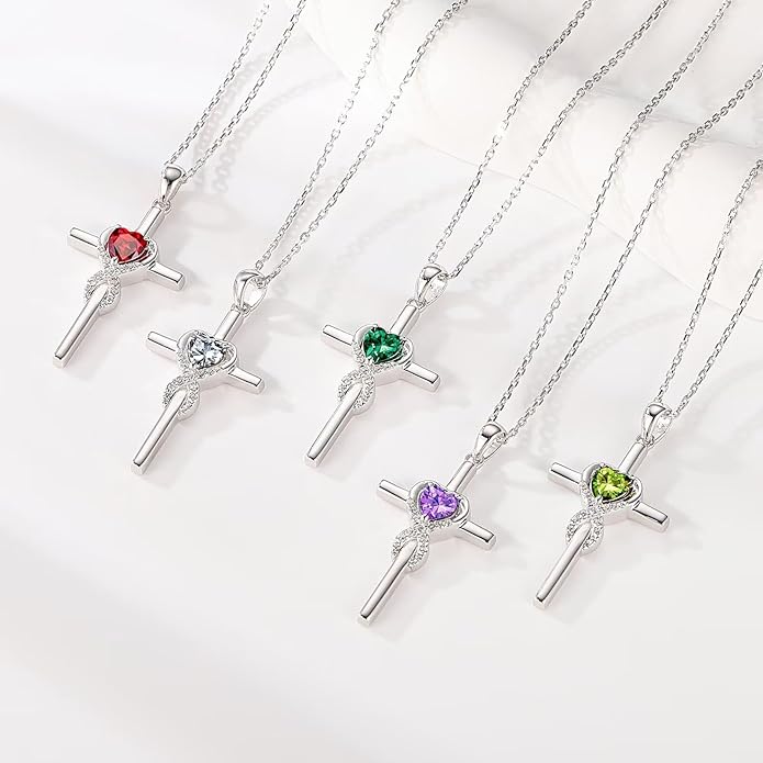 Iefil Cross Necklace for Women - 925 Sterling Silver Birthstone Necklace Jewelry Gifts for Women Wife