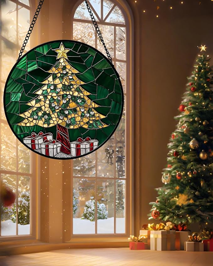Stained Glass Window Hanging - Gold Green Christmas Tree Suncatcher for Doors Home Christmas Decoration Winter Sun Catcher Thanksgiving New Year Birthday Gifts for Women Men Mom Nana 11.8 in