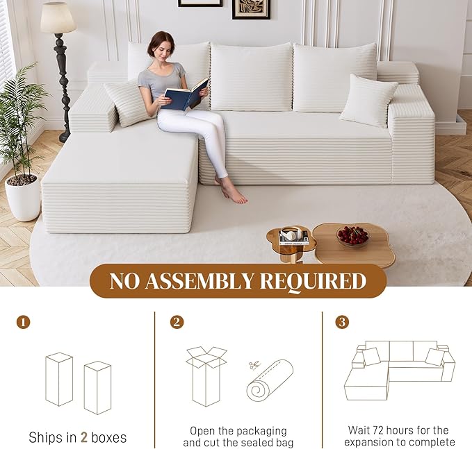 108" L Shaped Boneless Sectional Couches for Living Room, Comfy Corduroy Floor Cloud Sofa with Chaise, Wide Armrest, Deep Seat, Memory Foam, Assembly Free, Ideal for Small Spaces, White