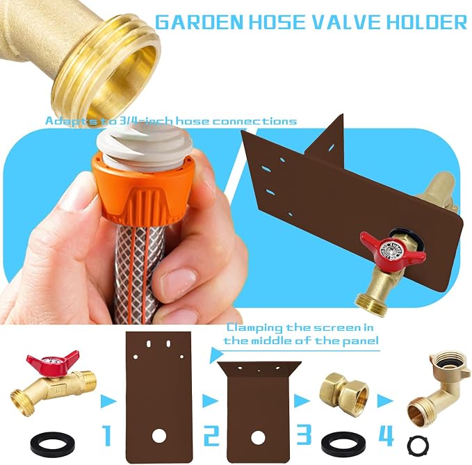 Garden hose faucets, backyard hose holders, outdoor balcony Hose Bibb Valve, faucet screen clamping bases, faucet holders for laying a hose in a lanai or any screened window (tanned)