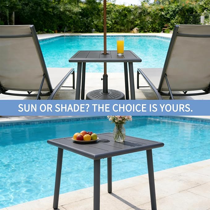 Small Metal Outdoor Side Table with Umbrella Hole, Sqaure Patio Coffee Bistro Table End Table, Umbrella Table with Hole for Poolside Backyard Porch Deck Balcony,19.7x19.7 inches, Gray