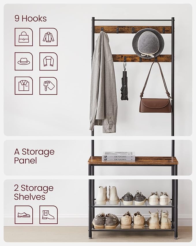 VASAGLE Coat Rack, Hall Tree with Shoe Storage Bench, Entryway Bench with Shoe Storage, 3-in-1, Steel Frame, for Entryway, 12.6 x 27.6 x 68.9 Inches, Industrial, Rustic Brown and Black UHSR41BX