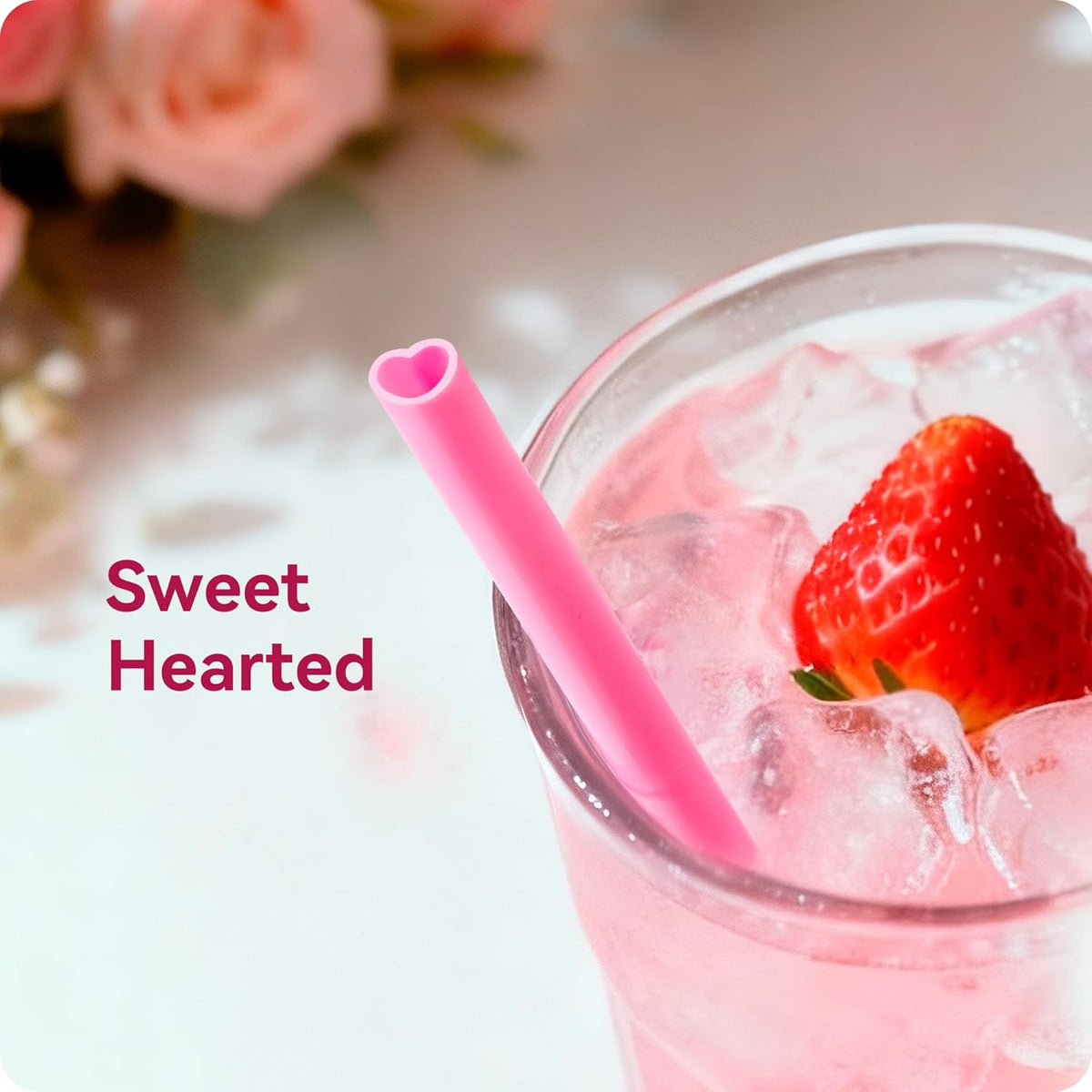 Skiennix Heart Shaped Pink Straws - 50pcs Individually Wrapped Disposable Drinking Straws for Parties & Events