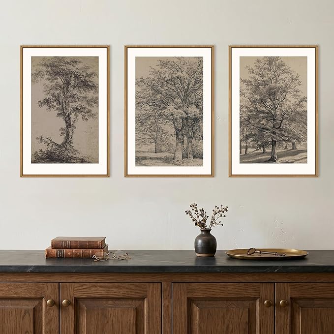 KAIRNE Vintage Tree Sketch Framed Canvas Wall Art Set, Antique Tree Drawings Wall Decor, Retro Forest Art Prints, Modern Nature Landscape Artwork for Living Room, Bedroom, Farmhouse, Office-24 x36 x3