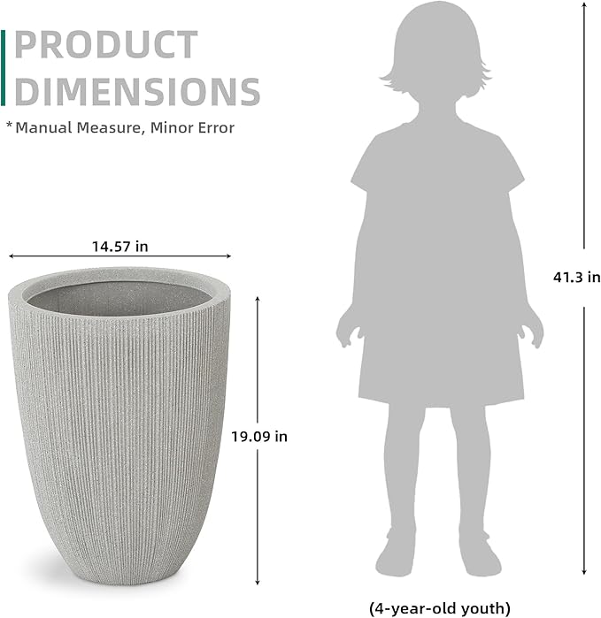 19" Tall Beige Fluted Planters for Indoor & Outdoor, Set of 2 Large Mediterranean-Style Resin Flower Pots with Drainage Holes, UV & Weather Resistant for Patio Porch Home Office Decor