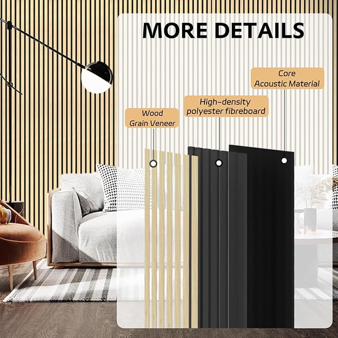 4 Pack Wood Panels for Wall, 106.3" × 11" Wood Slat Acoustic Panels, Soundproof