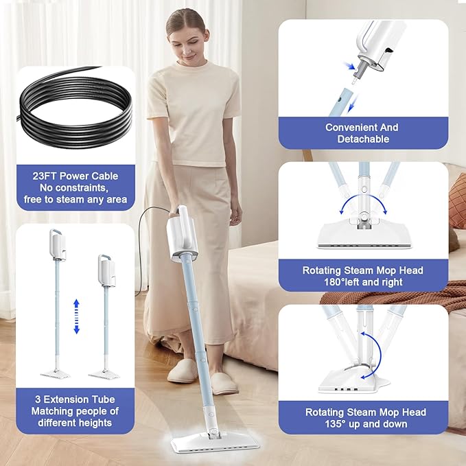 7-in-1 Steam Mop, 1200W Rotated Steam Cleaner for Home, 2 Modes, 400ML Removable Tank, 23FT Cord, 2 Washable Pads, Multi-Surface Steamer for Hard Floor, Laminate Floor, Tiles Cleaning (Light Blue)