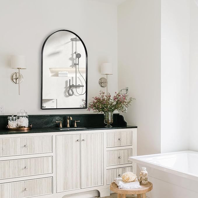 28" x 36" Black Arched Mirror, Large Arch Bathroom Wall Mirror, Metal Frame