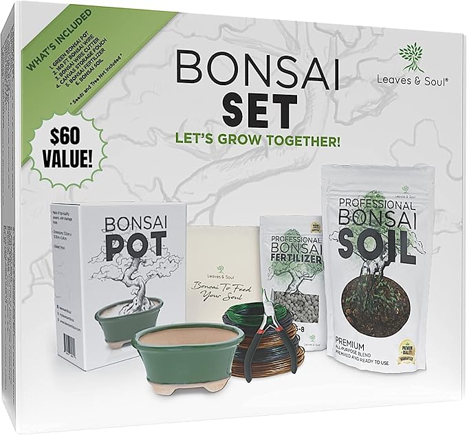 Leaves and Soul Complete Bonsai Kit – Green Oval Ceramic Pot with Soil, Fertilizer, 160ft Training Wire, Cutter & Storage Bag | DIY Bonsai Repotting Starter Kit for Tree Growing